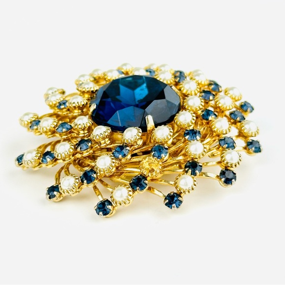 VTG Judy Lee Pinwheel Wreath Sapphire Blue Glass Rhinestone Gold Plated Brooch - Picture 10 of 16